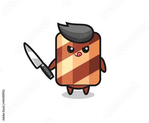 cute wafer roll mascot as a psychopath holding a knife