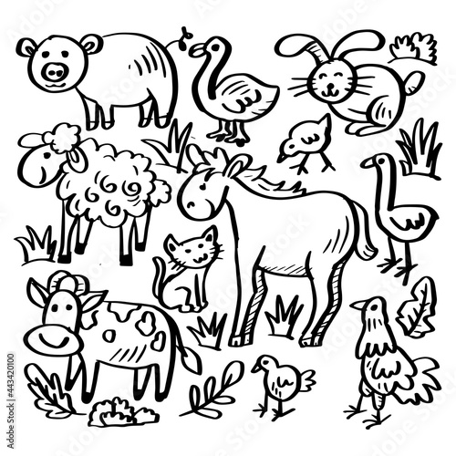 Doodle animal farm set. Black and white