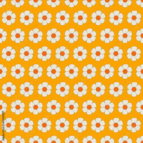 Floral seamless pattern in the style of the 70s. Vintage Digital paper with daisies. Vector illustration-Hippie style