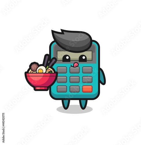 cute calculator character eating noodles