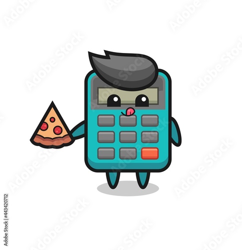 cute calculator cartoon eating pizza