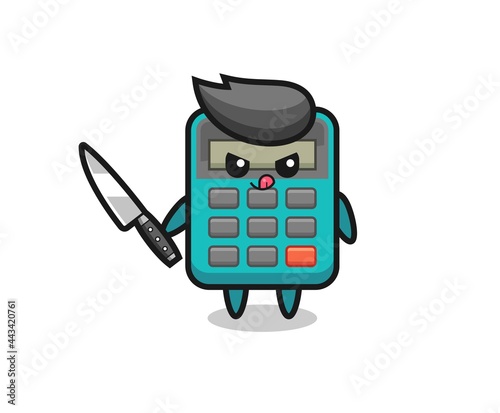 cute calculator mascot as a psychopath holding a knife