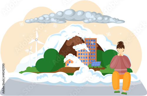 Save planet with sad woman sitting near high city building covered with white snow. Air pollution, people destroy environment on planet, climate change on planet, cold period, avalanche, snowfall