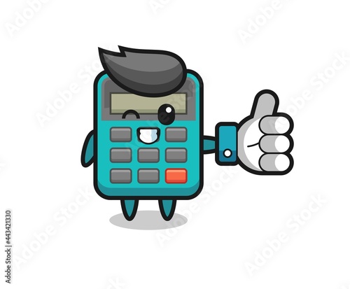 cute calculator with social media thumbs up symbol
