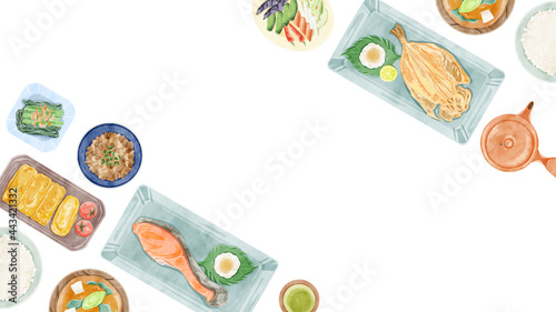 日本の朝食（和食）食卓風景の手描き水彩風イラスト