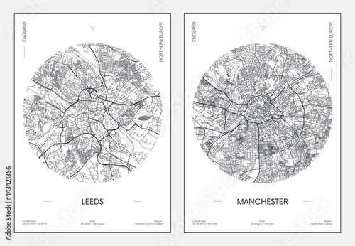Plakat miejski plan ulic miasta Leeds i Manchester