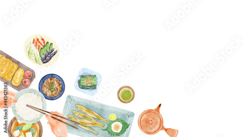 日本の朝食（和食）食卓風景の手描き水彩風イラスト photo