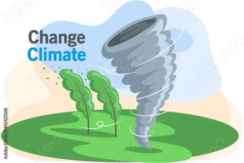 Bad weather and climate change. Natural landscape with tornado, tall green trees bend in wind. Destructive twister natural phenomenon with strong wind. Natural disaster thunderstorm, windstorm