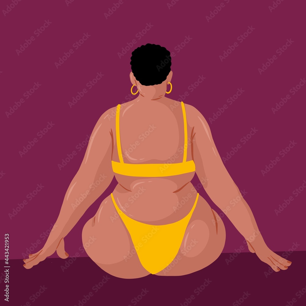 Woman with a bikini from behind in front of plain purple background Woman with a bikini from behind in front of plain purple background