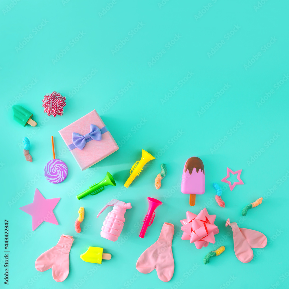 Party confetti and a place for copy space. Celebration, parties. On a turquoise background. Party confetti and a place for copy space. Celebration, parties. On a turquoise background.