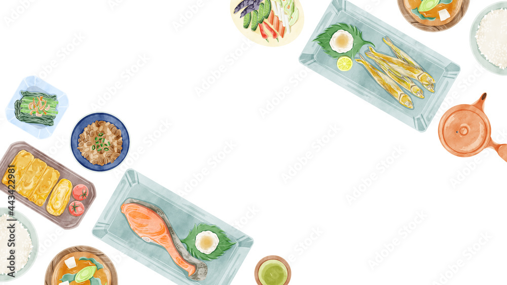 日本の朝食 和食 食卓風景の手描き水彩風イラスト Stock Illustration Adobe Stock