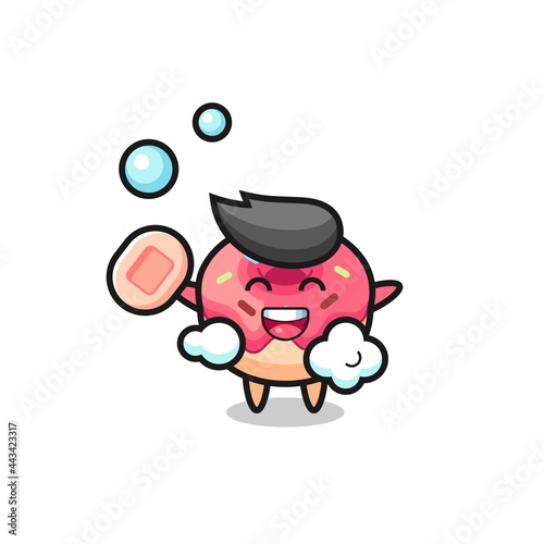 doughnut character is bathing while holding soap
