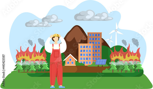 Change climate Earth is victim of global warming. Save planet, fire destroys forest. People make world suffer from destroyed soils. Temperature of land is rising. Factories and smoke pollute planet