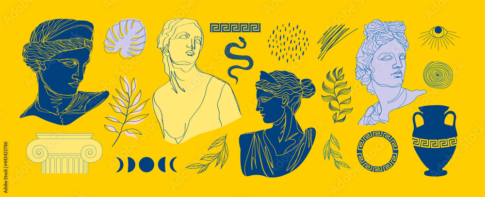 Naklejka premium One line Antique statues. Heads of woman, amphora, ornament, snake. Mythical, ancient greek style. Hand drawn isolated Vector illustration. Classic statues in modern style.