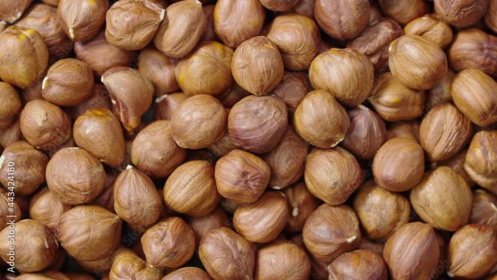 Top view of the rotating peeled hazelnuts. Dried brown hazel kernels close up. Organic healthy food background. Slow motion ready 59.94fps. Top view of the rotating peeled hazelnuts. Dried brown hazel kernels close up. Organic healthy food background. Slow motion ready 59.94fps.