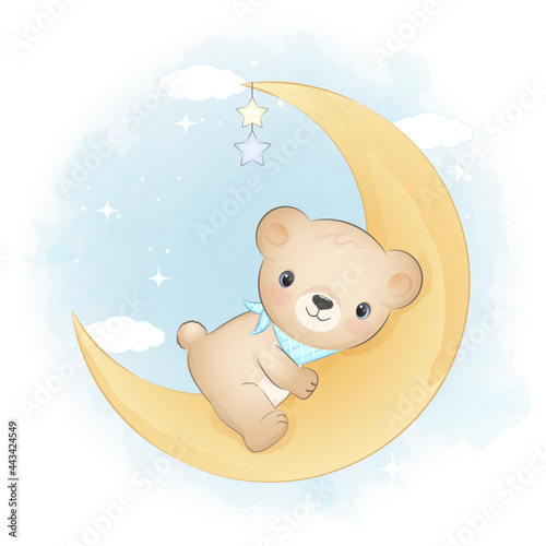 Cute teddy bear on the moon animal watercolor illustration