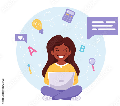 Indian girl studying with computer. Online learning, back to school concept. Vector illustration