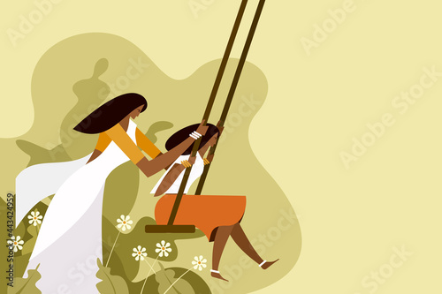 Women wearing traditional dress  swinging in outdoor. Concept for Onam festival