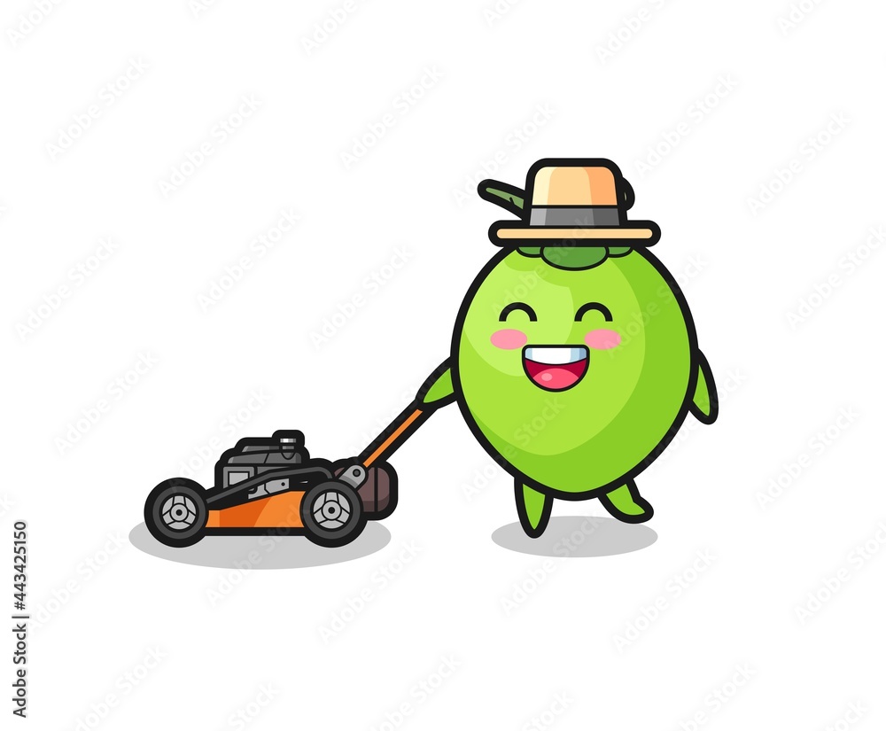 illustration of the coconut character using lawn mower illustration of the coconut character using lawn mower