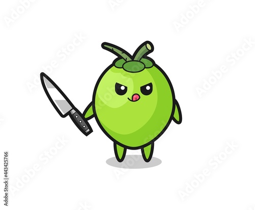 cute coconut mascot as a psychopath holding a knife