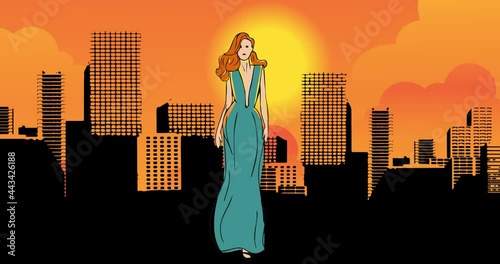 Animation of fashion drawing of model over cistyscape, on orange background photo
