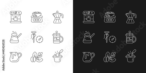 Coffee shop linear icons set for dark and light mode. Moka pot. Turkish cezve for brewing drink. Customizable thin line symbols. Isolated vector outline illustrations. Editable stroke