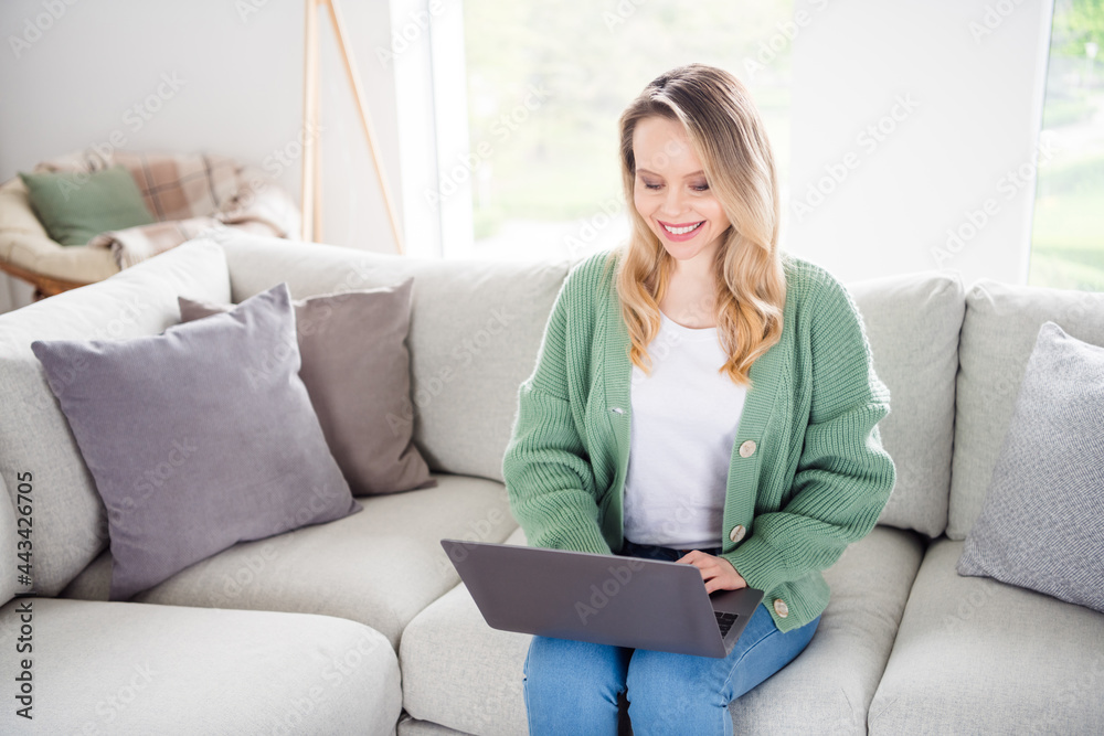 Photo of young attractive woman happy positive smile sit sofa comfort read browse work laptop indoors Photo of young attractive woman happy positive smile sit sofa comfort read browse work laptop indoors