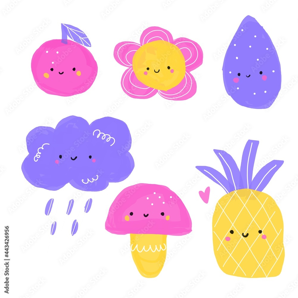 Cute symbols for kids. Flower, pineapple, cloud and other tiny characters Cute symbols for kids. Flower, pineapple, cloud and other tiny characters