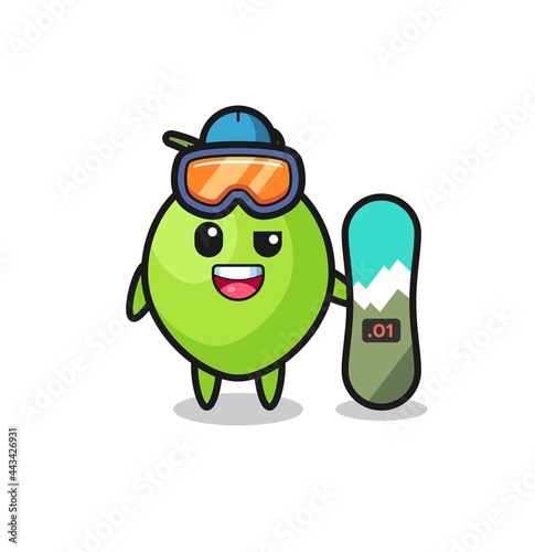 Illustration of coconut character with snowboarding style