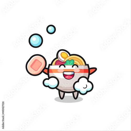noodle bowl character is bathing while holding soap
