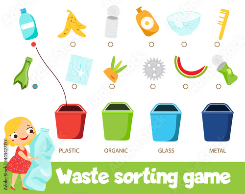 Garbage sorting educational children game. Match trash with bin Sorter activity for kids