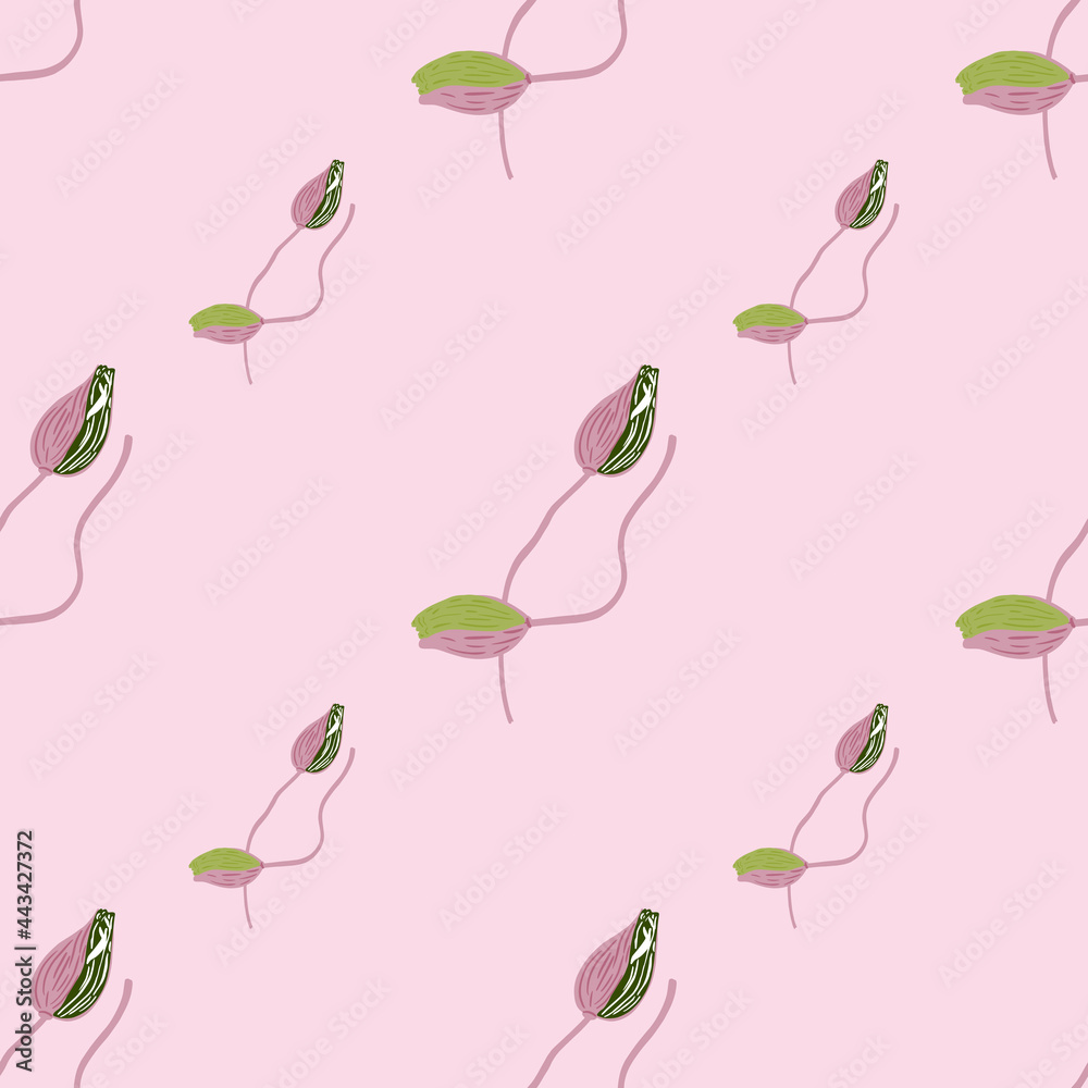 Minimalistic style seamless pattern with diagonal poppy bud flowers shapes. Light pink background. Bloom print.