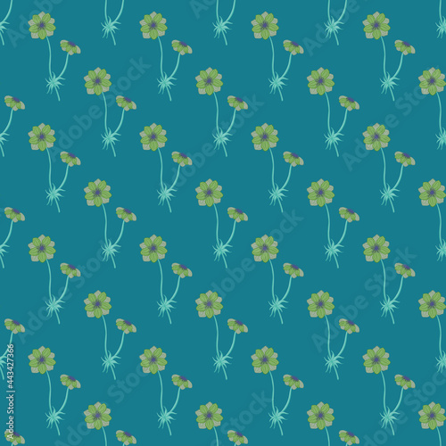 Green colored anemone flowers shapes seamless doodle pattern. Bright blue background. Little floral print.