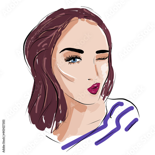 Fashion Woman portrait. Female winks. Beautiful Girl artistic illustration