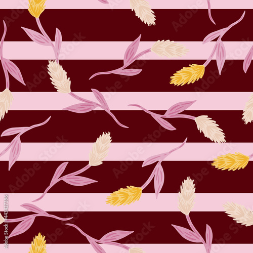 Harvest field seamless pattern with random ear of wheat silhouettes. Maroon striped background.