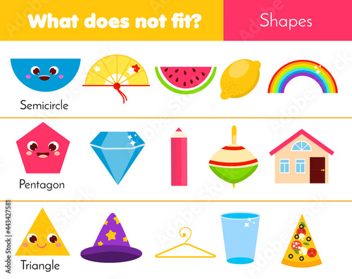 Educational children game. What does not fit type. learning geometric shapes in life. Worksheet for kids and toddlers