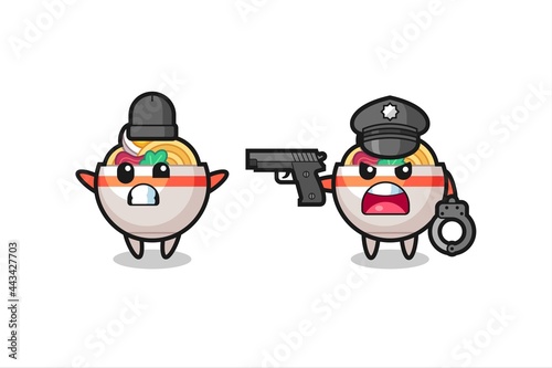 illustration of noodle bowl robber with hands up pose caught by police
