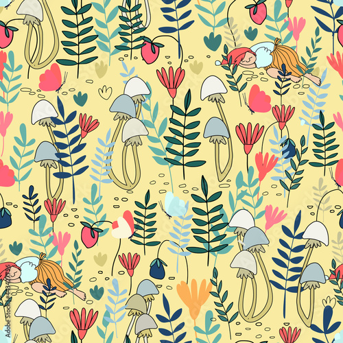 Seamless pattern with funny female gnome sleeping in the forest. Fairy tale elf girl in red hat, berries, mushrooms, flowers. Vector illustration for children photo