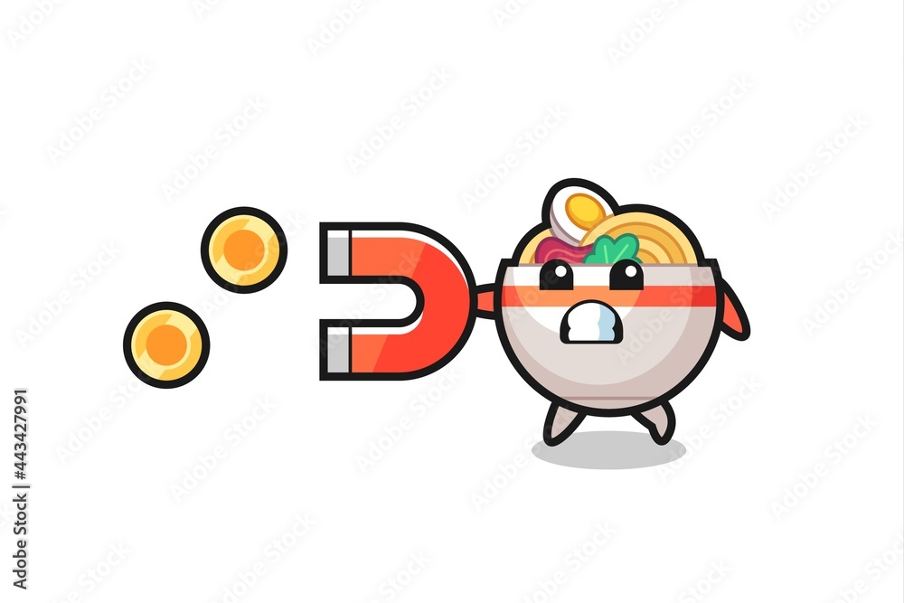 the character of noodle bowl hold a magnet to catch the gold coins the character of noodle bowl hold a magnet to catch the gold coins