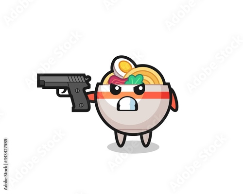 the cute noodle bowl character shoot with a gun