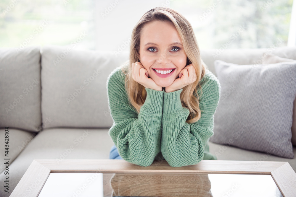 Photo of young attractive woman happy positive smile sit couch hands touch chin dream think calm stay home Photo of young attractive woman happy positive smile sit couch hands touch chin dream think calm stay home
