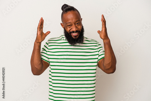 African american man with beard isolated on pink background joyful laughing a lot. Happiness concept.