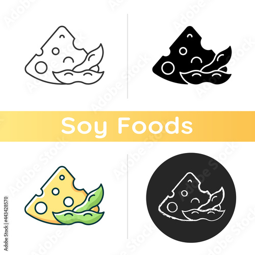 Soy cheese icon. Natural cheese types. Healthy product made from soybeans. Organic meals ingredients. Vegeterian lifestyle. Linear black and RGB color styles. Isolated vector illustrations
