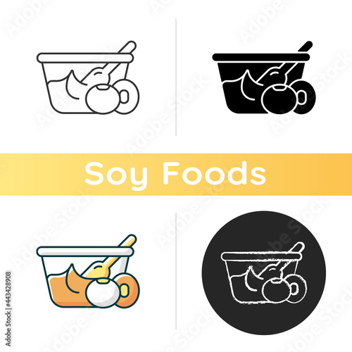 Miso icon. Naturaly made paste from soy beans. Popular vegetarian snacks. Healthy foods containing nutritions and vitamins. Linear black and RGB color styles. Isolated vector illustrations photo
