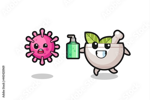 illustration of herbal bowl character chasing evil virus with hand sanitizer
