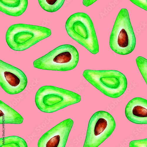 Seamless pattern with colorful watercolor avocado on pink background