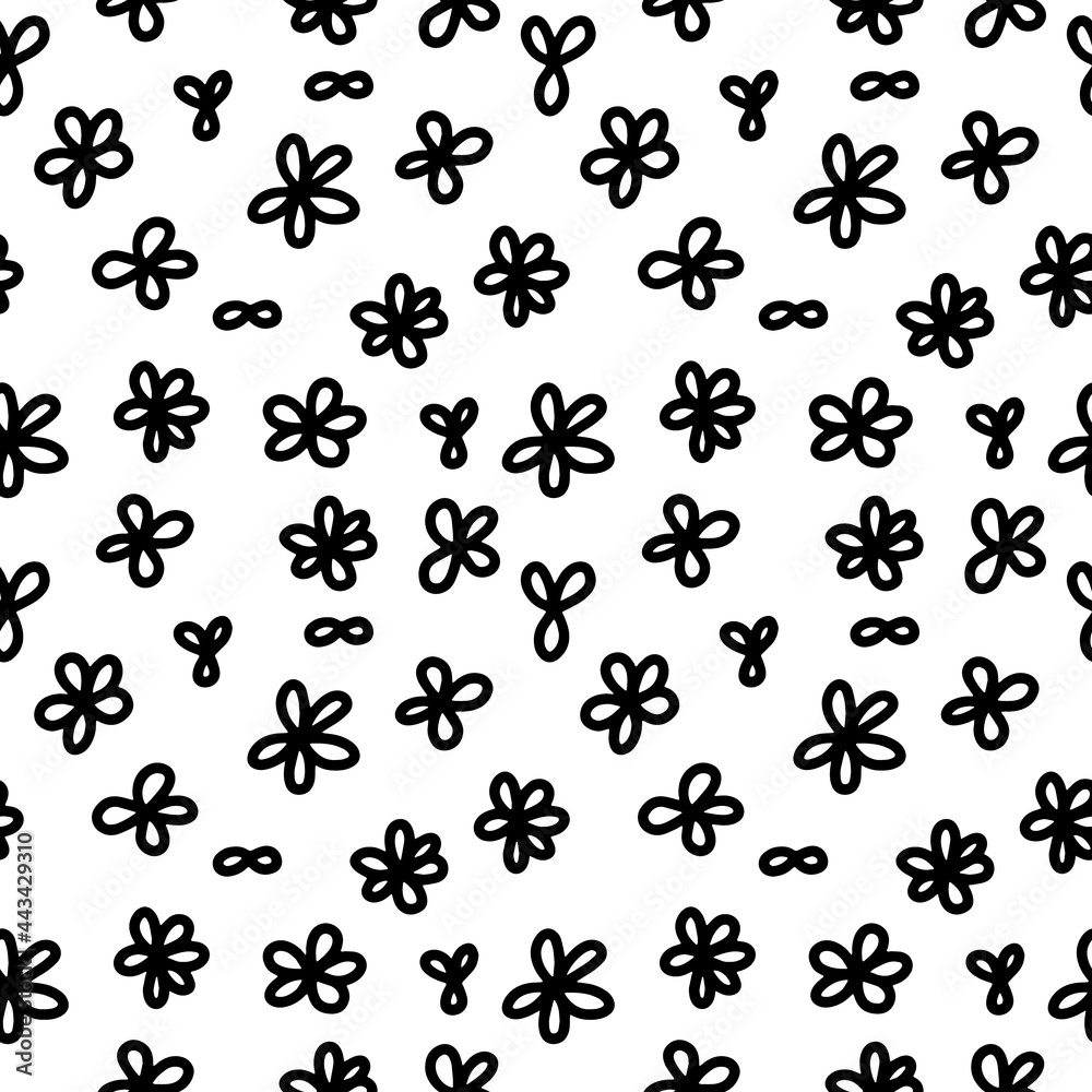 Hand drawn black and white seamless pattern with simple flowers. Modern stylish texture. Good for wrapping, textile, fabric, wallpaper. Vector