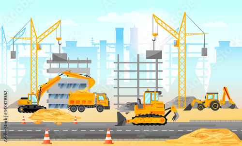 Construction site with construction mechanized and machinery equipment. Construction of modern buildings. Vector illustration