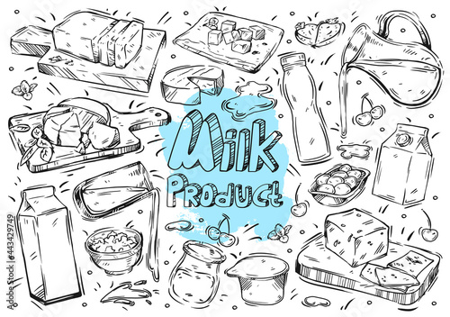 Hand drawn vector line illustration food and drink. Doodle milk product: milk, yogurt, cheese, butter, cottage cheese, whey, ingredients, kefir, packaging