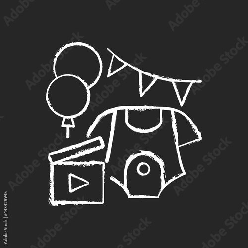 Baby shower party video chalk white icon on dark background. Newborn gender reveal vlog. Child birth announcement video. Virtual baby shower. Isolated vector chalkboard illustration on black